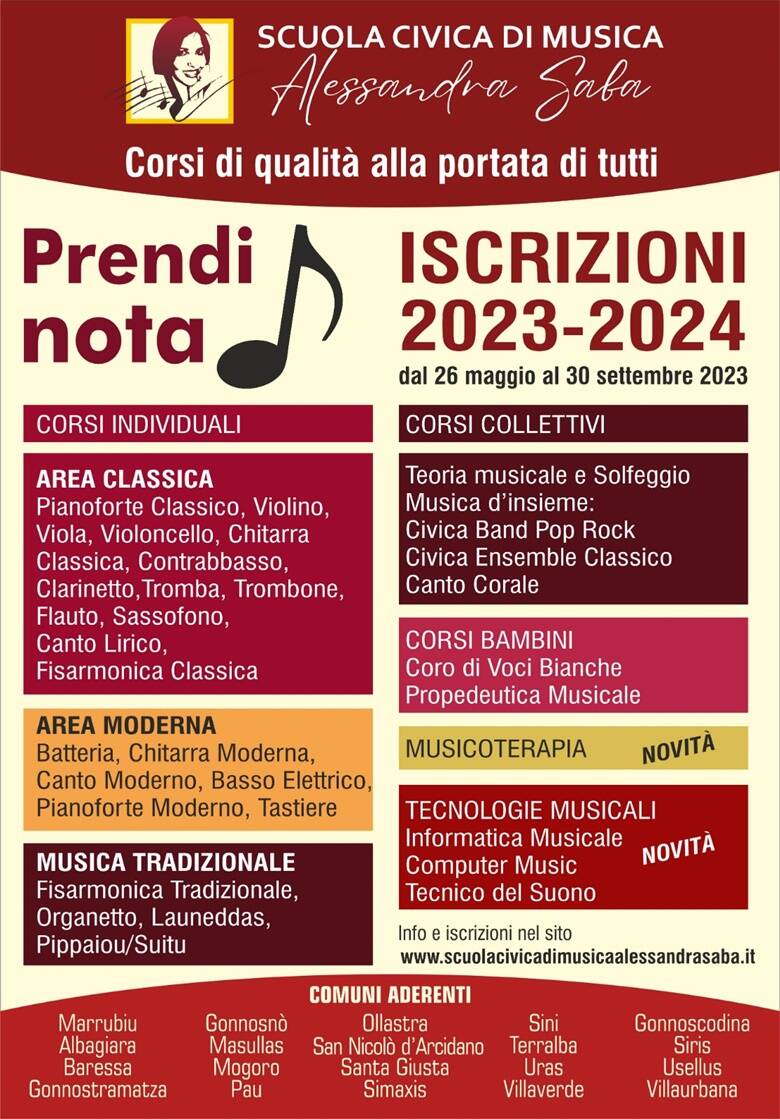 Scuola civica di musica Alessandra Saba - anno 2023/2024 - iscrizioni